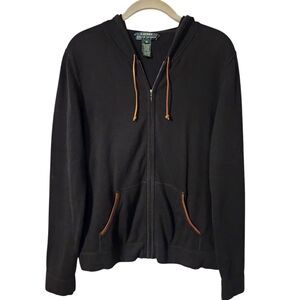 LRL Lauren Ralph Lauren Hoodie Black Brown Leather Trim Full Zip | Size Medium